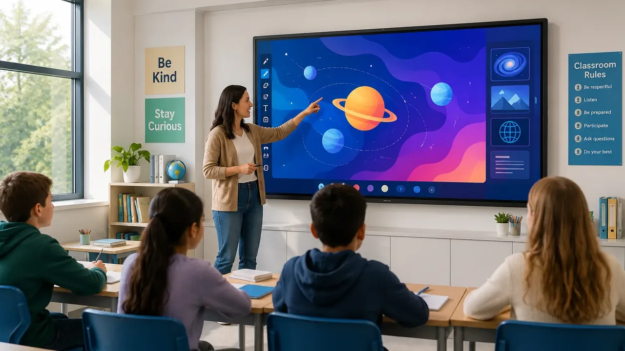Teacher using a classroom smart board with students
