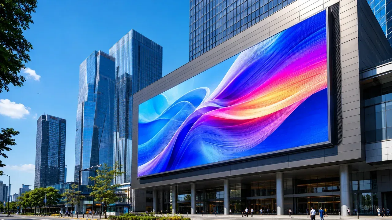 Large outdoor LED screen on a festival stage with a crowd
