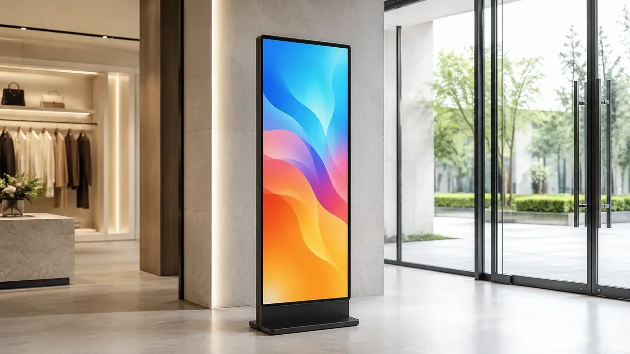 Bright promotional LED screen in a shop window and interior