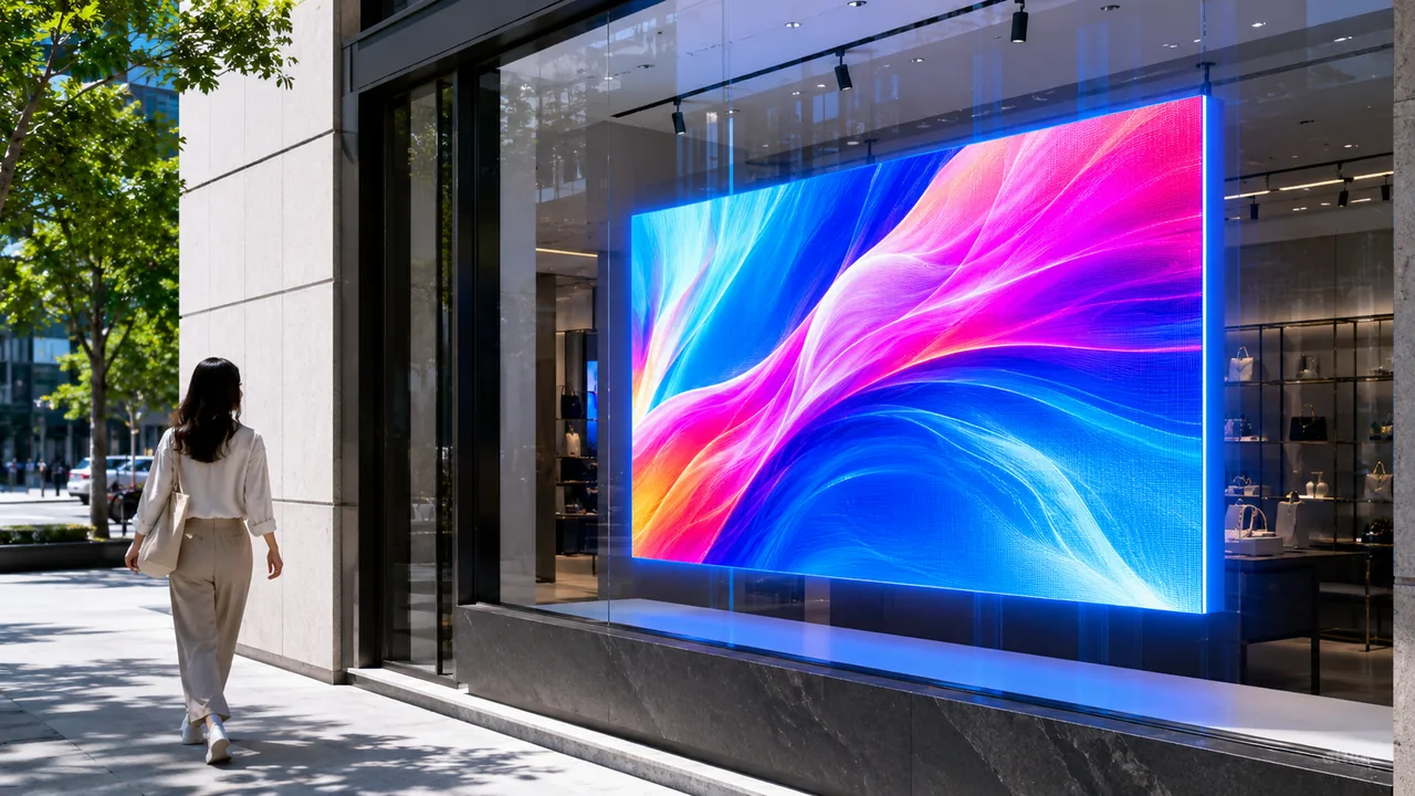 Transparent window advertising LED screen on a glass storefront
